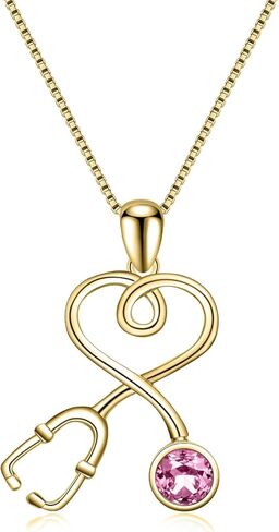 Nurse Gifts for Women 925 Sterling Silver 14K Gold Plated Stethoscope Pendant Necklace with Birthstone Crystal from Austria, Doctor Necklace Jewelry Gifts for RN Medical Students White Coat Ceremony in Kuwait