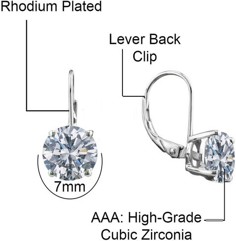 Savlano Rhodium Plated 7mm Solitaire cubic Zirconia Leverback Round Cut Drop Accoring - أقراط متدلية للنساء تأتي مع صندوق هدايا Savlano in Kuwait