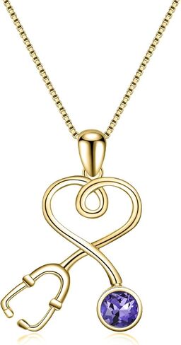 Nurse Gifts for Women 925 Sterling Silver 14K Gold Plated Stethoscope Pendant Necklace with Birthstone Crystal from Austria, Doctor Necklace Jewelry Gifts for RN Medical Students White Coat Ceremony in Kuwait