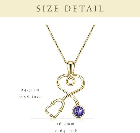 Nurse Gifts for Women 925 Sterling Silver 14K Gold Plated Stethoscope Pendant Necklace with Birthstone Crystal from Austria, Doctor Necklace Jewelry Gifts for RN Medical Students White Coat Ceremony in Kuwait