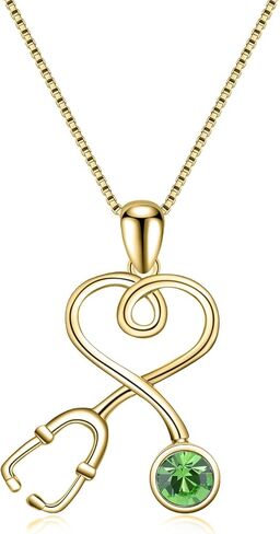 Nurse Gifts for Women 925 Sterling Silver 14K Gold Plated Stethoscope Pendant Necklace with Birthstone Crystal from Austria, Doctor Necklace Jewelry Gifts for RN Medical Students White Coat Ceremony in Kuwait