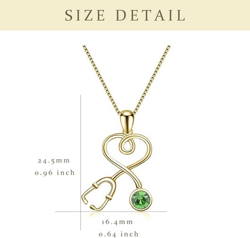 Nurse Gifts for Women 925 Sterling Silver 14K Gold Plated Stethoscope Pendant Necklace with Birthstone Crystal from Austria, Doctor Necklace Jewelry Gifts for RN Medical Students White Coat Ceremony in Kuwait