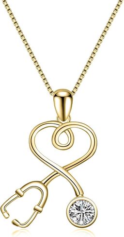 Nurse Gifts for Women 925 Sterling Silver 14K Gold Plated Stethoscope Pendant Necklace with Birthstone Crystal from Austria, Doctor Necklace Jewelry Gifts for RN Medical Students White Coat Ceremony in Kuwait