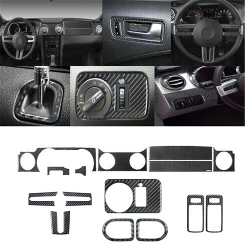 15pcs ناعم ألياف ألياف الكربون الحقيقية تغطية لوحة التحكم المركزية CAR CAR CAR INNER مجموعة كاملة من مجموعة الديكور تزيين لفورد موستانج 2005-2009 الصدفة الداخلية للسيارات (ألياف الكربون) in Saudi Arabia