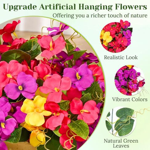 Dolicer Realistic Artificial Hanging Flowers for Outdoors, Look Real Large Artificial Flowers for Outdoors with Baskets, UV Resistant Fake Hanging Flowers Plants for Porch Patio Balcony Yard in Kuwait