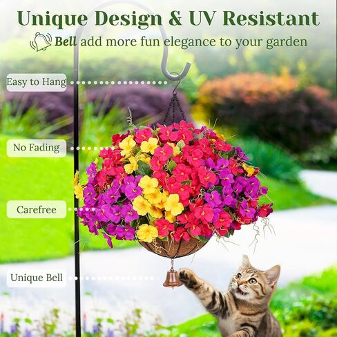 Dolicer Realistic Artificial Hanging Flowers for Outdoors, Look Real Large Artificial Flowers for Outdoors with Baskets, UV Resistant Fake Hanging Flowers Plants for Porch Patio Balcony Yard in Kuwait