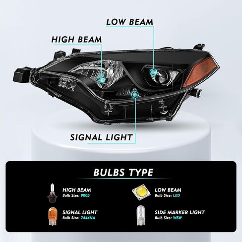 Headlights Assembly Compatible with 2014 2015 2016 Toyota Corolla Base/CE/C/LE Eco/LE/L/S Plus/S/Special Edition Sedan 4-Door, LED Headlamps Black Housing with Clear Reflector in Kuwait