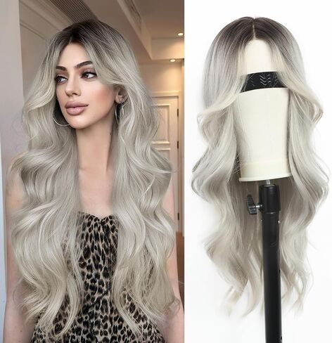 13x4.5 Synthetic Lace Front Wig 26'' Pre Plucked Heat Resistant Wavy Long Hair Wigs with Pre Cut Lace Glueless Pre Everything Hair Replacement Lace Wig for Women Daily Party Use White Blonde in Kuwait