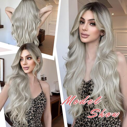 13x4.5 Synthetic Lace Front Wig 26'' Pre Plucked Heat Resistant Wavy Long Hair Wigs with Pre Cut Lace Glueless Pre Everything Hair Replacement Lace Wig for Women Daily Party Use White Blonde in Kuwait