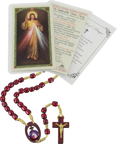 Divine Mercy Rosary - Wood Cord Chaplet Of Divine Mercy Rosary, Catholic Holy Card, The Lord's Prayer Card Set for Daily Prayer - Total 3 Items in Saudi Arabia