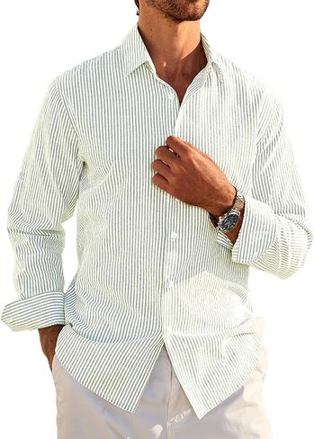 Deer Lady Mens Long Sleeve Button Down Shirt Striped Casual Cotton Business Summer Beach Wedding Dress Shirts in Kuwait