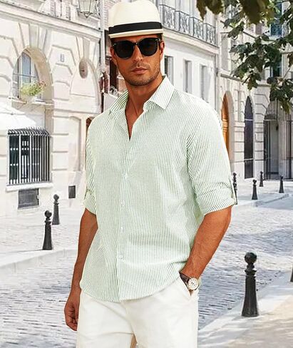 Deer Lady Mens Long Sleeve Button Down Shirt Striped Casual Cotton Business Summer Beach Wedding Dress Shirts in Kuwait