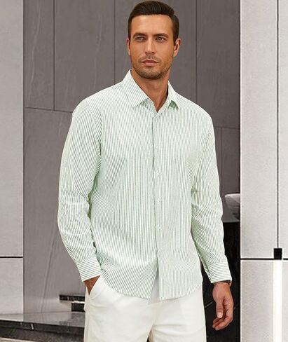 Deer Lady Mens Long Sleeve Button Down Shirt Striped Casual Cotton Business Summer Beach Wedding Dress Shirts in Kuwait