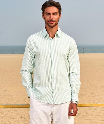 Deer Lady Mens Long Sleeve Button Down Shirt Striped Casual Cotton Business Summer Beach Wedding Dress Shirts in Kuwait