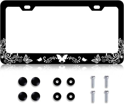 LIN KANG Hibiscus Flower License Plate Frame Tropical Hawiian Floral Black License Plate Holder Stainless Steel Auto Parts Rust-Proof Waterproof Car Decorative Tag Frame for Standard US 12x6 Inch in Kuwait