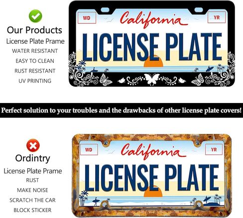 LIN KANG Hibiscus Flower License Plate Frame Tropical Hawiian Floral Black License Plate Holder Stainless Steel Auto Parts Rust-Proof Waterproof Car Decorative Tag Frame for Standard US 12x6 Inch in Kuwait