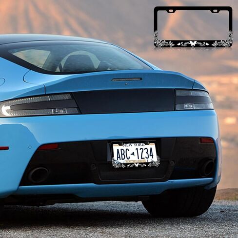 LIN KANG Hibiscus Flower License Plate Frame Tropical Hawiian Floral Black License Plate Holder Stainless Steel Auto Parts Rust-Proof Waterproof Car Decorative Tag Frame for Standard US 12x6 Inch in Kuwait