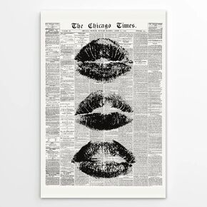Vintage Kiss Lips Newspaper Wall Art Retro Black And White Poster Trendy Preppy Girl Aesthetic Decor for Bedroom Apartment Dorm Fashion Funky Girly Canvas Print Picture 12x18inch Unframed in Saudi Arabia