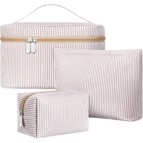 Huhumy 3 Pieces Makeup Bag Set for Women Cute Seersucker Cosmetic Pouch Travel Toiletry Bag Preppy Small Makeup Purse Pouch Aesthetic Skincare Brushes Storage Organizer for Women (Light Blue) in Saudi Arabia