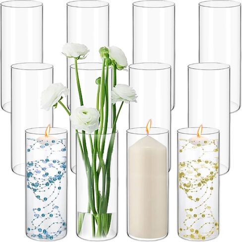 12 Pack Glass Cylinder Vases 10 Inch Tall Clear Flower Vases for Centerpieces, Hurricane Floating Candle Holder Wedding Decorations, Floral Simple Vase Bulk for Party Home Decor (3.35 x 10 Inch) in Saudi Arabia