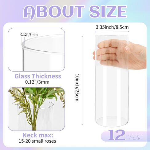 12 Pack Glass Cylinder Vases 10 Inch Tall Clear Flower Vases for Centerpieces, Hurricane Floating Candle Holder Wedding Decorations, Floral Simple Vase Bulk for Party Home Decor (3.35 x 10 Inch) in Saudi Arabia