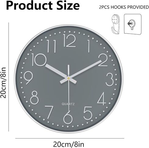 Silent Wall Clocks Battery Operated 8 Inch, Analog Wall Clock with Oversized Number Tempered Glass Clock Face, Quartz Non Ticking Wall Clocks for Living Room Bedroom Kitchen Office, Grey in Kuwait