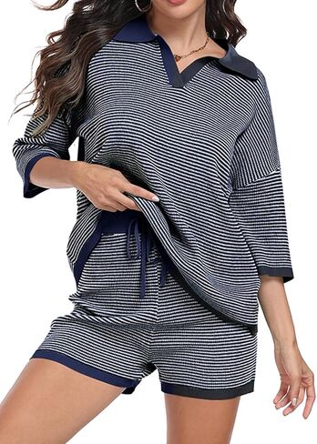 SeSe Code Striped Sweater 2 Piece Short Sets for Women, Oversized Knit Lounge Outfits for Summer Casual 2025 in Kuwait