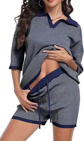 SeSe Code Striped Sweater 2 Piece Short Sets for Women, Oversized Knit Lounge Outfits for Summer Casual 2025 in Kuwait