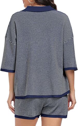 SeSe Code Striped Sweater 2 Piece Short Sets for Women, Oversized Knit Lounge Outfits for Summer Casual 2025 in Kuwait