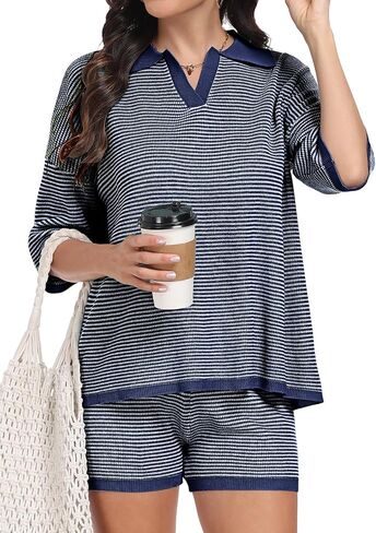SeSe Code Striped Sweater 2 Piece Short Sets for Women, Oversized Knit Lounge Outfits for Summer Casual 2025 in Kuwait