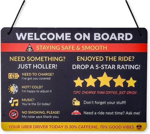 Signing Signing Car Rideshare المضحك - مرحبًا بك على لوحة الراكب الخلفية - تذكير تصنيف السيارة وتشجيع الطرف - لوحة معلومات شنق للماء مع الرموز - 11x7.8in (الأزرق) in Kuwait