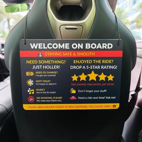 Signing Signing Car Rideshare المضحك - مرحبًا بك على لوحة الراكب الخلفية - تذكير تصنيف السيارة وتشجيع الطرف - لوحة معلومات شنق للماء مع الرموز - 11x7.8in (الأزرق) in Kuwait