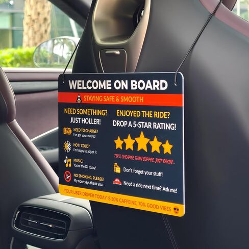 Signing Signing Car Rideshare المضحك - مرحبًا بك على لوحة الراكب الخلفية - تذكير تصنيف السيارة وتشجيع الطرف - لوحة معلومات شنق للماء مع الرموز - 11x7.8in (الأزرق) in Kuwait