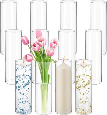 12 Pack Glass Cylinder Vases 10 Inch Tall Clear Flower Vases for Centerpieces, Hurricane Floating Candle Holder Wedding Decorations, Floral Simple Vase Bulk for Party Home Decor (3.35 x 10 Inch) in Saudi Arabia