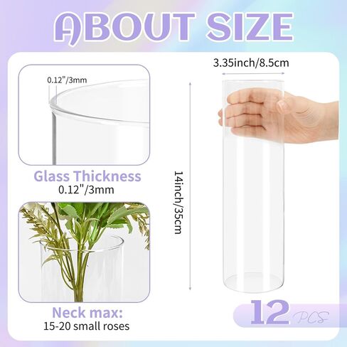 12 Pack Glass Cylinder Vases 10 Inch Tall Clear Flower Vases for Centerpieces, Hurricane Floating Candle Holder Wedding Decorations, Floral Simple Vase Bulk for Party Home Decor (3.35 x 10 Inch) in Saudi Arabia