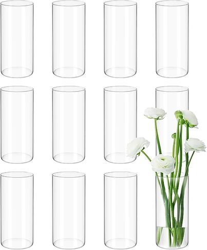 12 Pack Glass Cylinder Vases 10 Inch Tall Clear Flower Vases for Centerpieces, Hurricane Floating Candle Holder Wedding Decorations, Floral Simple Vase Bulk for Party Home Decor (3.35 x 10 Inch) in Saudi Arabia