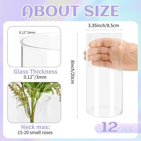 12 Pack Glass Cylinder Vases 10 Inch Tall Clear Flower Vases for Centerpieces, Hurricane Floating Candle Holder Wedding Decorations, Floral Simple Vase Bulk for Party Home Decor (3.35 x 10 Inch) in Saudi Arabia