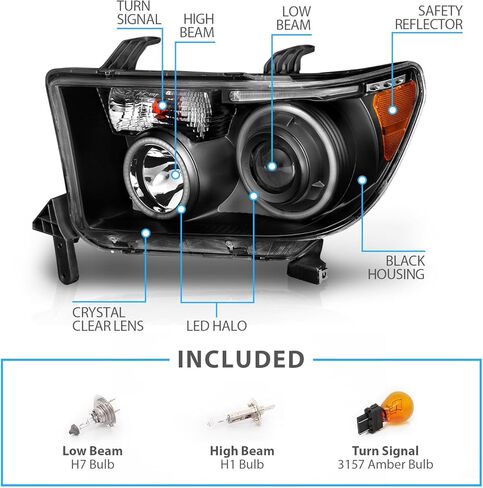 Amerilite لعام 2007-2013 Toyota Tundra | 2008-2017 Sequoia Xtreme LED Halo Tubes Black Projector المصابيح الأمامية - جانب الركاب والسائق in Saudi Arabia