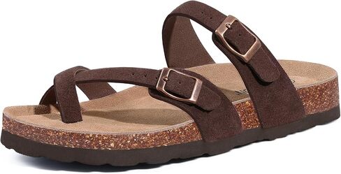 Litfun Women's Cork Footbed Sandals Comfortable Leather Summer Slides | Toe Loop, Arch Support, Slip On, Adjustable Buckle, Non-slip Rubber Sole, Comfy, Cushioned, Fashion, Casual in Saudi Arabia