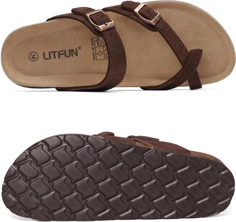 Litfun Women's Cork Footbed Sandals Comfortable Leather Summer Slides | Toe Loop, Arch Support, Slip On, Adjustable Buckle, Non-slip Rubber Sole, Comfy, Cushioned, Fashion, Casual in Saudi Arabia