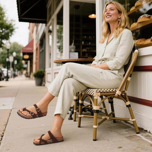Litfun Women's Cork Footbed Sandals Comfortable Leather Summer Slides | Toe Loop, Arch Support, Slip On, Adjustable Buckle, Non-slip Rubber Sole, Comfy, Cushioned, Fashion, Casual in Saudi Arabia