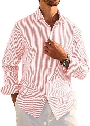 غزلان سيدة رجالي الأكمام الطويلة لأسفل قميص مخطط قطني غير رسمي الأعمال الصيفية شاطئ القمصان فستان الزفاف in Kuwait