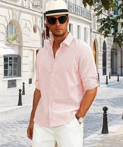 غزلان سيدة رجالي الأكمام الطويلة لأسفل قميص مخطط قطني غير رسمي الأعمال الصيفية شاطئ القمصان فستان الزفاف in Kuwait