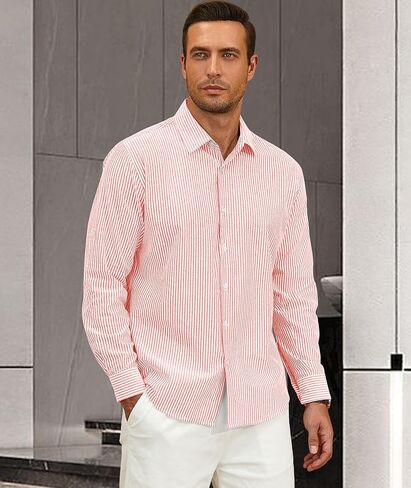 غزلان سيدة رجالي الأكمام الطويلة لأسفل قميص مخطط قطني غير رسمي الأعمال الصيفية شاطئ القمصان فستان الزفاف in Kuwait