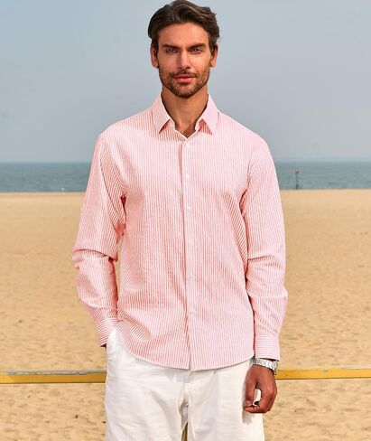 غزلان سيدة رجالي الأكمام الطويلة لأسفل قميص مخطط قطني غير رسمي الأعمال الصيفية شاطئ القمصان فستان الزفاف in Kuwait