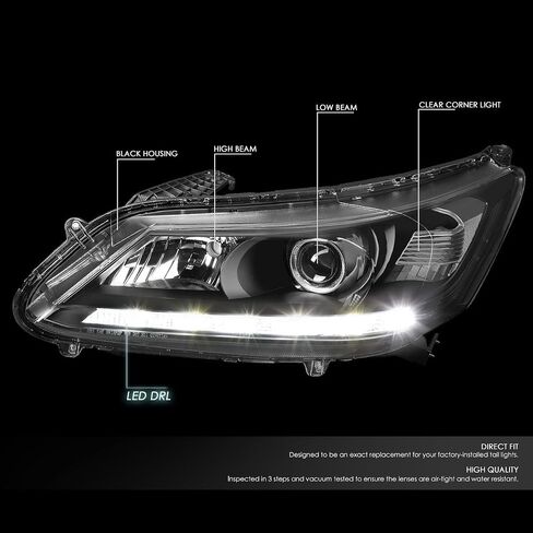 أسرة السيارات بقيادة المصابيح الأمامية DRL Projector Assembly متوافقة مع Honda Accord 4-Door Sedan 2013-2015 ، سائق وركاب ، زاوية مساكن سوداء in Kuwait