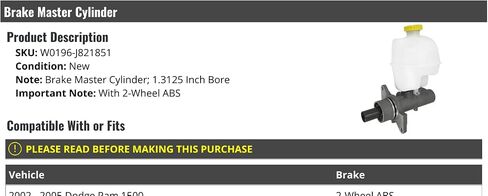 Brake Master Cylinder - Compatible with 2002-2005 Dodge Ram 1500 (with 2-Wheel ABS) in Saudi Arabia