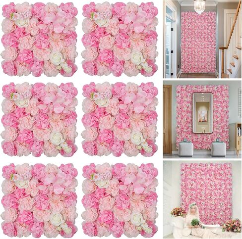 Flowers Wall Backdrop 6PCS 16.5x16.5 Inch Floral Wall Panel Artificial Silk Rose Decor Ideal for Wedding Celebrations, Festive Party Backdrops, and Elegant Home Decor in Kuwait