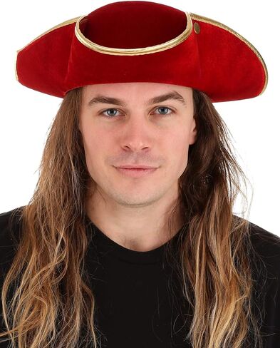 Rum Pirate Red Costume Hat for Adults - Velvet Tricorn Hat with Gold Trim and Snaps in Saudi Arabia