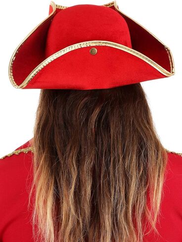 Rum Pirate Red Costume Hat for Adults - Velvet Tricorn Hat with Gold Trim and Snaps in Saudi Arabia